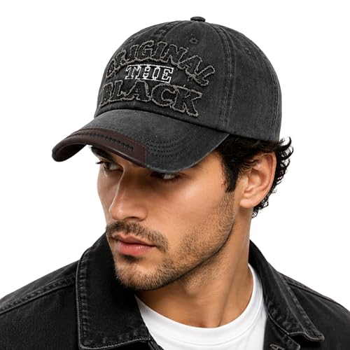Image of Unisex Vintage Washed Cotton Baseball Cap for Men and Women | Distressed Style Adjustable Dad Hat with Letter Embroidery for Sun Protection, Sports & Casual Wear - Charcoal Black