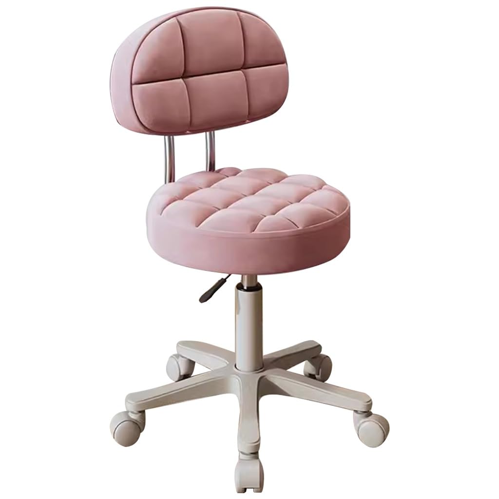 OZBMA Adjustable Barber Chair with Wheels - Swivel Makeup for Bedroom, Living Room & Vanity Stools Comfortable Backrest Desk Use (Pink W/Backrest)