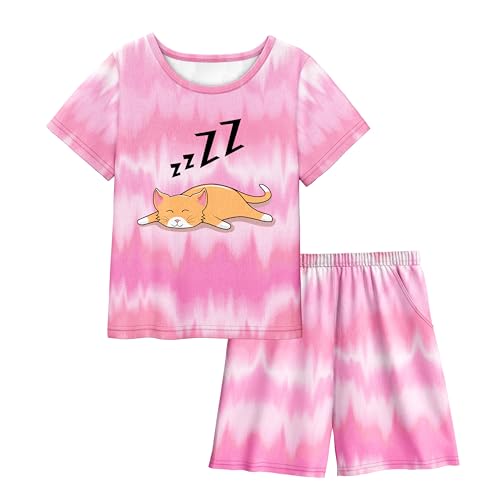 Image of LQSZ Girls Pajamas Set with Pocket Toddler Kids Short Sleeve Sleepwear 3-14Y Pjs Set