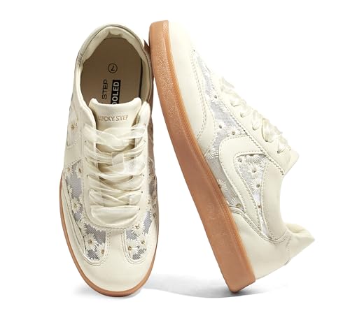 LUCKY STEP Women's Classic Fashion Sneakers, Beige Mesh 9 | Casual Skate Shoes | Lace Up Walking...