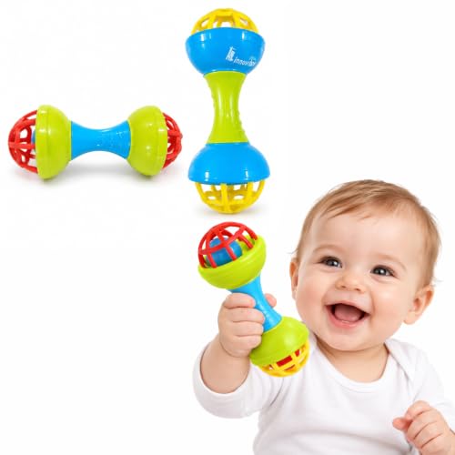 Image of BabyGo Dumbell Rattle for Baby | Non-Toxic Plastic Handheld Infant Bell Rattle | Toy for Kids 6-12 Months | New Born Baby Essential | Multicolor, Pack of 2