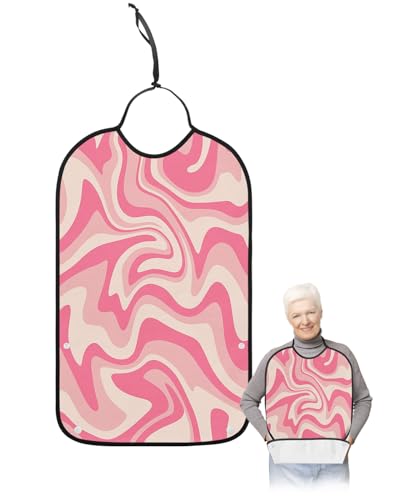 Kewadony Adult Bibs for Elderly Women - Pink Ombre Waterproof Dining Clothing Protectors with Crumb Catcher for Eating/Feeding, Modern Moire Geometric Abstract Art Terry Cloth Bib Machine Washable