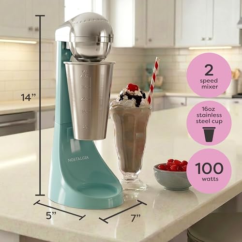 Nostalgia Two-Speed Electric Milkshake Maker and Drink Mixer, Includes 16-Ounce Stainless Steel Mixing Cup and Rod, Aqua - image 2