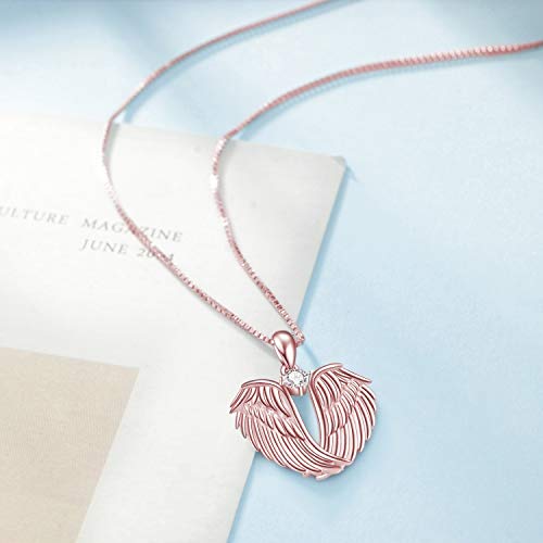 Image of YFN Angel Wings Necklace 925 Sterling Silver Guardian Angel Wings Pendant Necklace Birthstone Necklace for Women Girls Christmas Jewelry Gifts