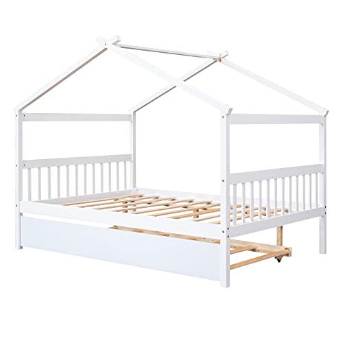 Full-Size-Wooden-House-Bed-with-Twin-Size-Trundle-White Full Size Wooden House Bed with Twin Size Trundle White