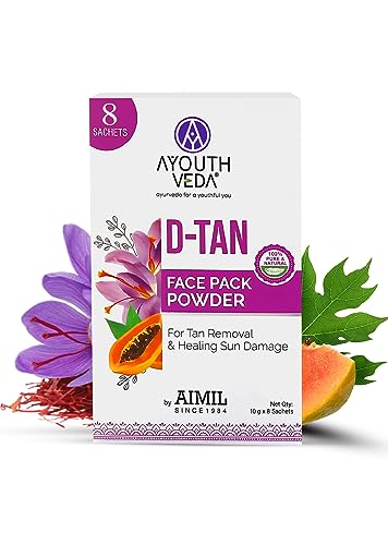 Ayouthveda D-TAN Face Pack Powder for Tan Removal, Prevents Sun Damage & Boosts Skin Health | with Goodness of Papaya, Aloevera & Saffron|For Glowing & Hydrated Skin (10gX8Sachets)(Pack of 1)