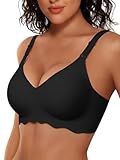HORISUN Ohne Bügel BH für Damen, Nahtloser Bequemer V-Ausschnitt Vollständiger Bralette für Große Brüste mit Unterstützung Komfort Tshirt Damen BHS (Hinunter Welle Schwarz L)
