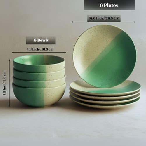 Image of Freakway Ceramic Dinner Set | 6-Piece Dual Tone Mint Green & Beige Speckled Plates & 6 Bowls | Elegant Serving Set for Meals & Dining Table