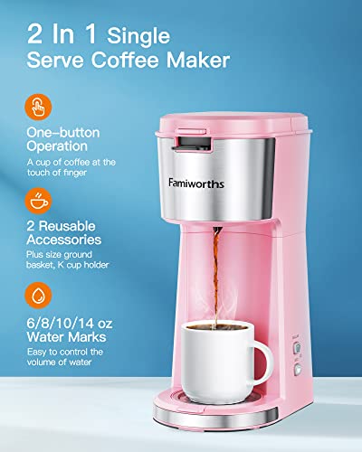 Famiworths Single Serve Coffee Maker For K Cup & Ground Coffee, With Bold Brew, One Cup Coffee Maker, 6 To 14 Oz. Brew Sizes, Fits Travel Mug, Pink #TOP1