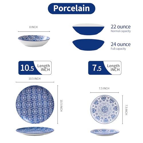 Image of Bestone Porcelain Dinnerware Sets Service for 4, 12 pcs Hand drawn Plates and Bowls Sets, Handmade Ceramic Dish Set, Chip Resistant Modern Plate Set, Dishwasher /Microwave Safe，Vintage Blue