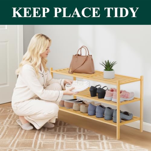 Image of Smiry Bamboo Shoe Rack, 5 Horizontal Slats, 3 Tier - 33.9 inch Wide, Natural