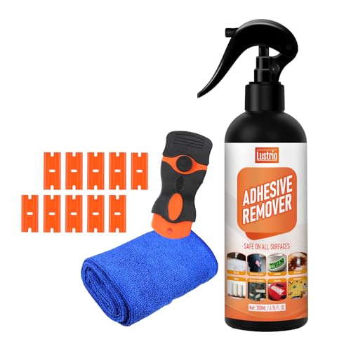 Powerful Adhesive Remover Spray Kit for Cars and Home - Quickly Dissolve Stickers, Glue, Tape Residue from Windows, Glass, Paint | Includes No-Scratch Scraper, Blades & Towel -6.76oz/200ml