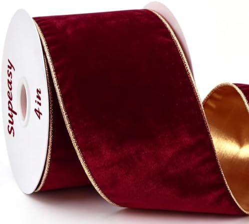 Burgundy Velvet Christmas Ribbon, 4 Inch x 15 Yards, Gold Back Wi...
