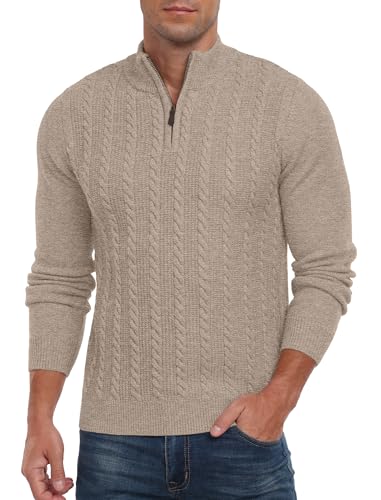 Hisir Mens Quarter Zip Jumper Cable Knit Crew-Neck Sweater Long Sleeve Jumpers Causal Pullover Winter for Men (Khaki, M)