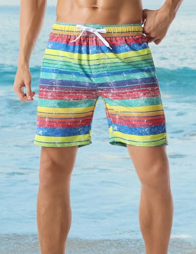Men's Swimming Trunks Colorful Striped Summer Beachwear Surf Quick Dry Swim Trunk