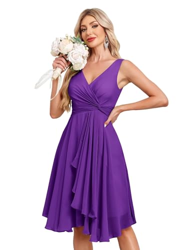Image of Women's V Neck Short Bridesmaid Dresses 2025 Ruched Waist A Line Chiffon Formal Cocktail Party Dress