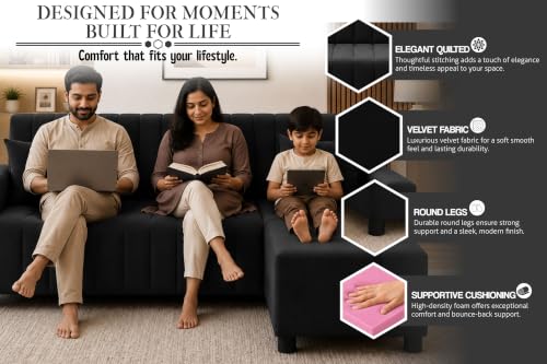 Image of Rosebell Three Seater Sofa Set with Ottoman | Living Room Couch | with Printed Cushions | Sofa for Home, Apartment & Office-Black Color