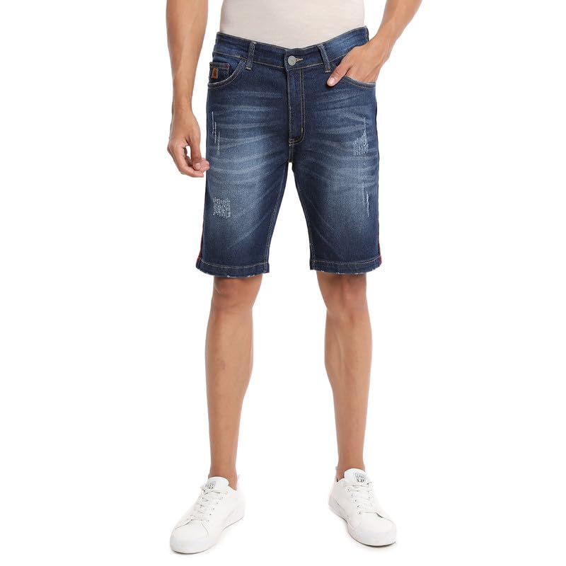 Image of CAHOOT Men's Denim Shorts for Casual Wear | Dark-Wash | Regular Fit | Button Closure | Cotton Denim Shorts Crafted with Comfort Fit for Everyday Wear