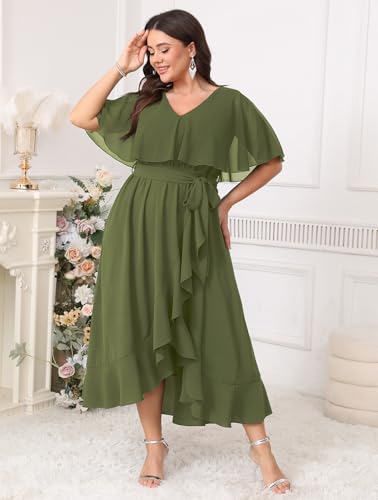 Image of Women Plus Size Long Formal Dress Short Sleeve Chiffon Ruffle V Neck High Low Split Wedding Guest Maxi Dresses