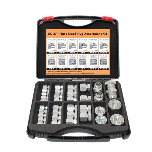 Image of 64 Pcs Hydraulic Hose Tube and Pipe Fitting Kit, 37 Flare JIC Cap and Plug Kit, Heavy Duty Seal Adapter Set w Precision Threading, Steel Flare Fitting Set, Dash Sizes -04-06 -08-10 -12-16