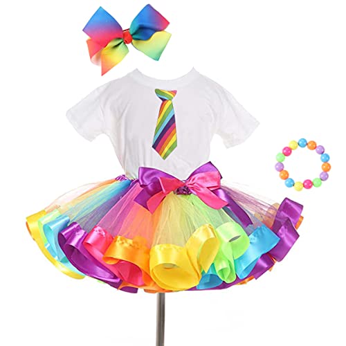 Joinsi Girls Kids Necktie T-Shirt And Colorful Ballet Tutu Skirt & Hair Bows With Beaded Bracelet Set #TOP21