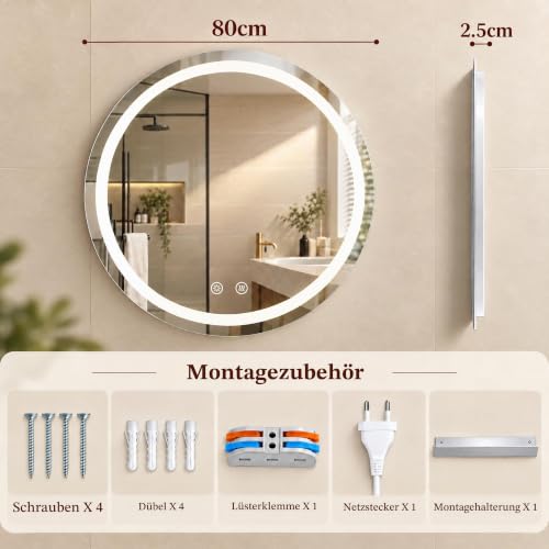 Clevich Runder Badspiegel mit Beleuchtung 80 cm, LED Wandspiegel – Ansicht 2