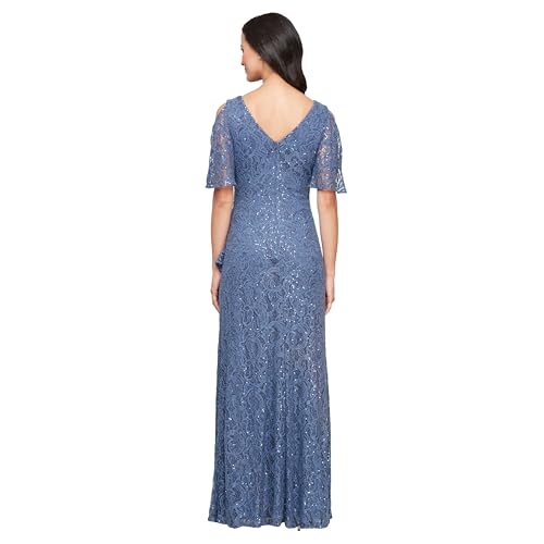 Image of Alex Evenings Women's Long Stretch Lace and Sequin Mother of The Bride Dress with Cold Shoulder Flutter Sleeves