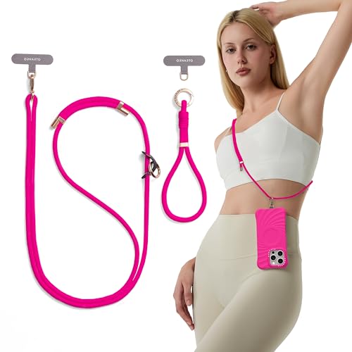ORNARTO Cordón Correa para Teléfono Móvil con 2 Parches,Cuerda para Móvil Universal Ajustable para el Cuello,Correa Cruzada y para la Muñeca,Compatible la Mayoría de las Fundas de Teléfono,Fucsia