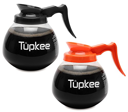 Tupkee Glass Replacement Coffee Pot - SHATTER-RESISTANT Commercial Restaurant Decanter Carafe - 64 oz 12 Cup Set of 2-1 Black and 1 Orange Decaf, Compatible with Wilbur Curtis, Bloomfield, Bunn Pot