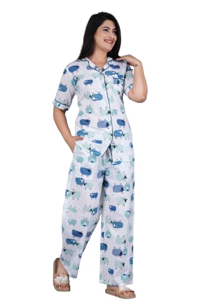 Cotton Sheep Print Conversational Printed Lapel Collar Pure Cotton Shirt & Trousers Night Suit Set-image-13
