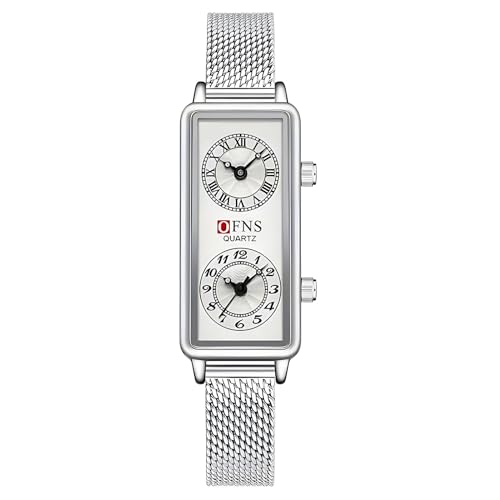 Gosasa Montre à quartz tendance pour femme, cadran rectangulaire avec deux fuseaux horaires, étanche à 30 m, Maille argentée, Moderne