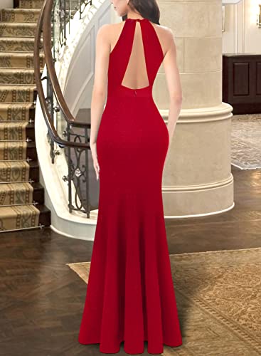 Image of VFSHOW Womens Formal Halter Keyhole Back Prom Gala Maxi Dress Evening Gown | Sexy Illusion Sweetheart Neck, High Slit, Wedding Guest, Applique, Twist Front Mermaid Dresses