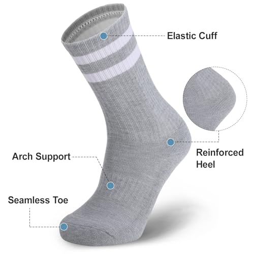 Image of Ultrafun 5 Pairs Striped Crew Socks Cotton Cushioned Athletic Sports Running Socks for Men Women Teens