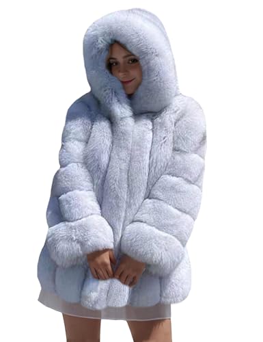 Annsirgra Women's Genuine Fox Fur Coat with Hood Fluffy Fur Jacket