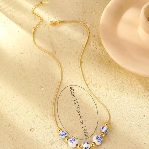 Blue And White Necklace For Women, 14k Gold-Plated Chain And Ceramic Beads Blue Floral Pattern Vintage Chinese Minimalism Style Jewelry Gift4
