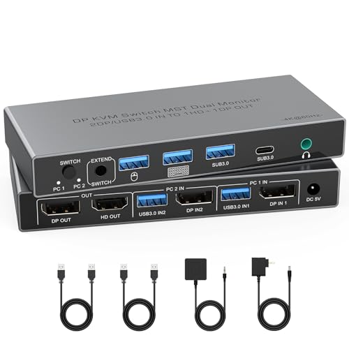 Displayport KVM Switch 2 Monitors 2 Computers 4K@60Hz, HDMI+Displayport Dual Monitor 4 USB3.0 KVM Switcher 2DP in HD+DP Out for 2 PC Sharing Keyboard Mouse Printer (Can Save 3 HDMI/DP Cable)