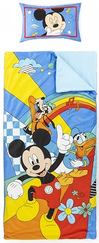 Jay Franco Sac de Couchage Disney Mickey Mouse avec Oreiller intégré, Ensemble Couverture et Oreiller, Tapis de Sieste avec poignée de Transport, 2 pièces