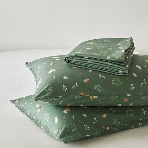 YuHeGuoJi Botanical Duvet Cover King 100% Cotton 3 Pcs Set 1 Dark Green Floral Duvet Cover with Zipper Ties 2 Pillowcases Garden Farmhouse Beige Grey Acorn Leaves Patterned Bedding Set Soft by YuHeGuoJi - Image 7
