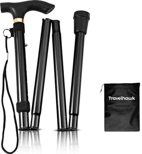 TravelHawk Bastones Plegable para Mayores Negro - Bastón para Caminar Ajustable en Altura Bastón Plegable para Mujer Hombres y Personas Mayores Bastón con Bolsa de Almacenamiento