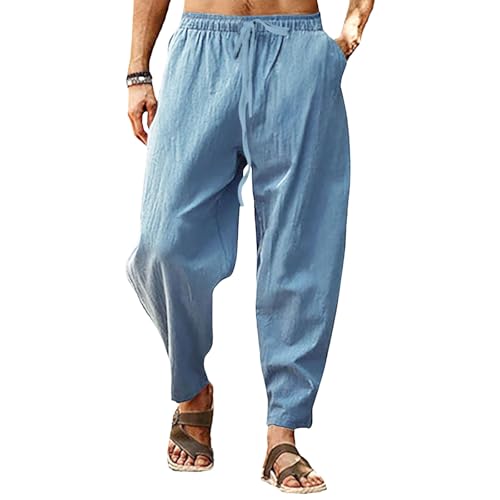 Men Hip-Hop Breathable Cotton Linen Pants Classic Loose Casual Sports Trousers Fall Straight Lace Up Athletic Pant