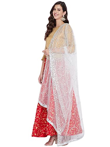 eloria-Decor Floral Off White Woman Indian Ethnic Chunni, Dupatta, Stole, Scarf Shawl Wrap, Net 88 x 42 Inches Approx.3