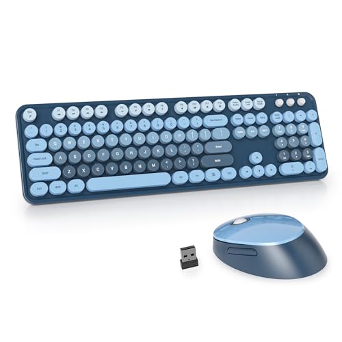 Image of Owpkeenthy Retro Keyboard and Mouse Wireless, Cute Colorful Keyboard with Retro Typewriter Style Full-Sized with Number Pad Round Keys for Desktop, Laptop and Computerr (Gradient Blue)