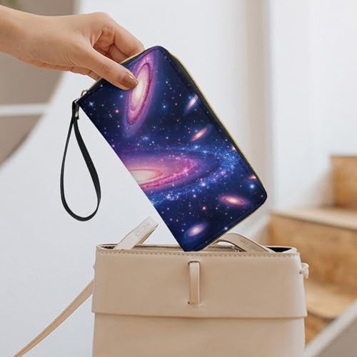 Womens Wallet, Waterproof PU Leather Wallet, Large Capacity Credit Card Holder Space Galaxy Constellation Zodiac Star Purple Blue Coin Zipper Clutch Purse 7