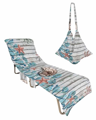 Coastal Conch Beach Lounge Chair Towel Cover, Soft Chaise Lounge Towel with Side Pockets Patio Pool Chairs Cover for Beach/Pool Sunbathing 29x85 Seaside Starfish Coral Wooden