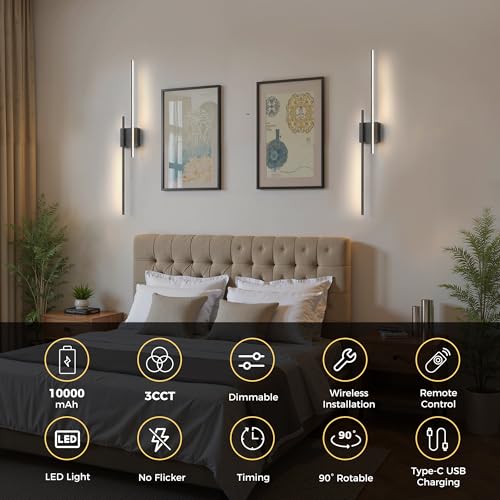 Image of L LOHAS LED Battery Operated Wall Sconces, Set of 2, 10000mAh, Black