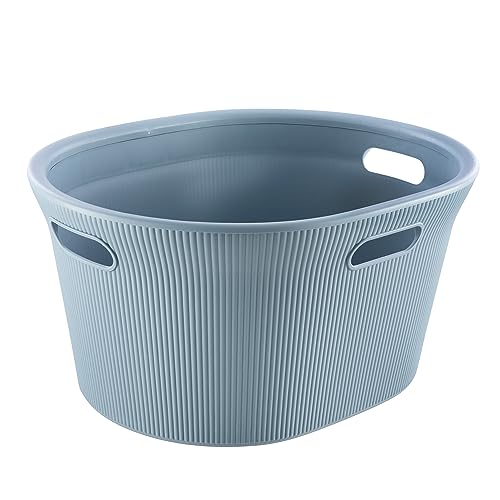 Image of Superio Ribbed Collection - Decorative Plastic Laundry Basket & Laundry Hamper with Lid and Cut-Out Handles, Blue (Set of 2) Organzier for Bedroom Bathroom College Dorm Room