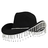 renvena Western Cowboy Hat Rhinestone Fringe Cowgirl Hat Glitter Bling Diamond for Men Women Cosplay Party Costume Black A One Size