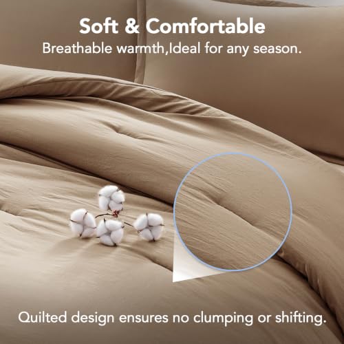 Image of Quataly California King Comforter Set Prewashed Lightweight Quilted Bedding | 3PCS Taupe Brown Breathable Down Alternative Bedding Set with 1 Solid Comforter (104 inchx96 inch) and 2 Soft Pillowcases
