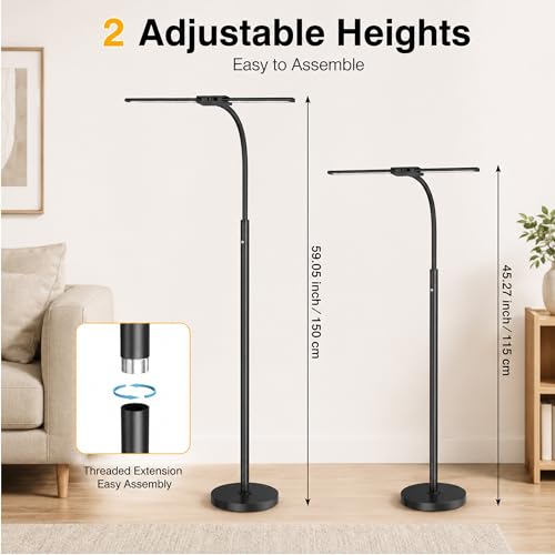 Image of Cordless Floor Lamp Rechargeable, 15W Bright LED Floor Lamp with 8000mAh Battery, Dual Head Gooseneck Standing Lamp, 3 Color Temperatures, Stepless Dimming Battery Floor Lamp for Bedroom Office