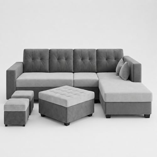 Image of FURNY Nathan 8 Seater L Shape Sofa Set RHS (Light Grey-Dark Grey) | Suede Velvet Finish | Durable Comfort Sofa for Modern Living Room & Office Spaces